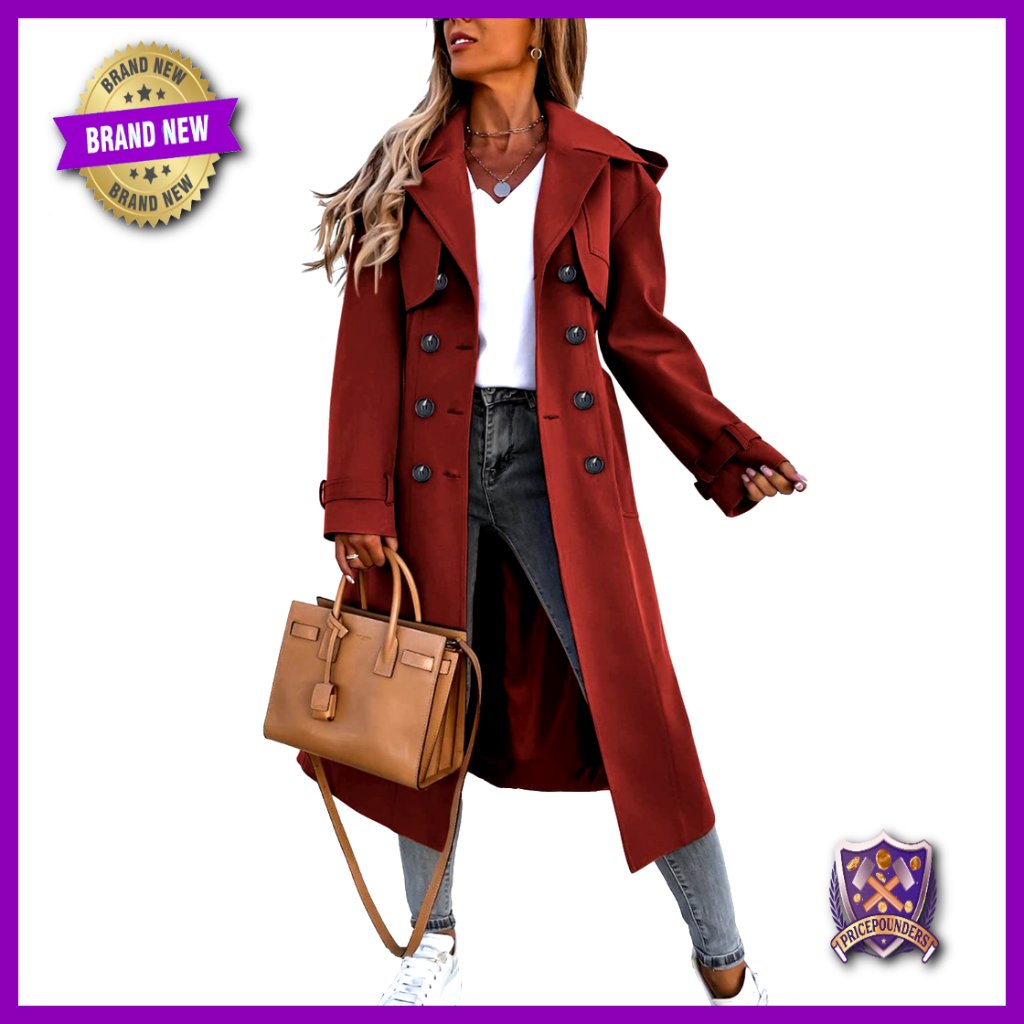 Double Breasted Long Trench Coat Classic Lapel Belted Windproof Overcoat With